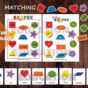 Può includere: Stampabile educativo con attività di abbinamento di forme. L'immagine mostra forme colorate come quadrati, cerchi e cuori, insieme alle parole "Matching Shapes" e "Instant Download."