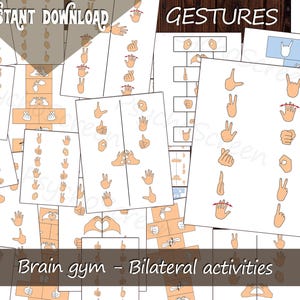 Könnte beinhalten: Eine Sammlung weißer Papierbögen mit Illustrationen von Handgesten. Die Blätter sind mit den Wörtern "GESTURES", "Brain gym - Bilateral activities" und "INSTANT DOWNLOAD" beschriftet. Die Illustrationen zeigen verschiedene Handpositionen und Symbole.
