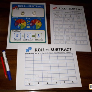 May include: A printable worksheet for kids to practice subtraction. The worksheet has a colorful design with dice and a number line. The worksheet includes the text "ROLL and SUBTRACT".