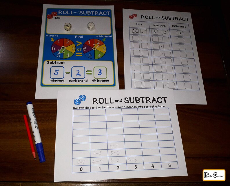 May include: A printable worksheet for kids to practice subtraction. The worksheet has a colorful design with dice and a number line. The worksheet includes the text "ROLL and SUBTRACT".
