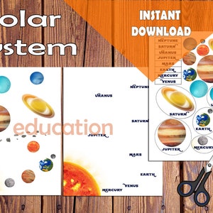Sonnensystem & Planeten Aktivitätsset: Wandkunst und 3 Teilige Karten, Karteikarten, Montessori Materialien, kosmische Bildung