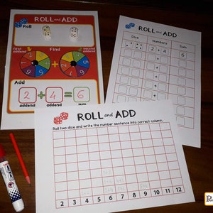 May include: A printable worksheet for learning addition with dice. The worksheet includes a spinner with numbers 1-9, a dice roll section, and a grid for recording addition problems. The text "ROLL and ADD" is printed at the top of the worksheet.