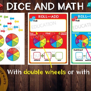 May include: A printable educational game for kids to practice addition and subtraction using dice and colorful spinners. The game includes instructions for rolling dice and finding the corresponding number on the spinners. The game also includes a section for adding and subtracting the numbers.
