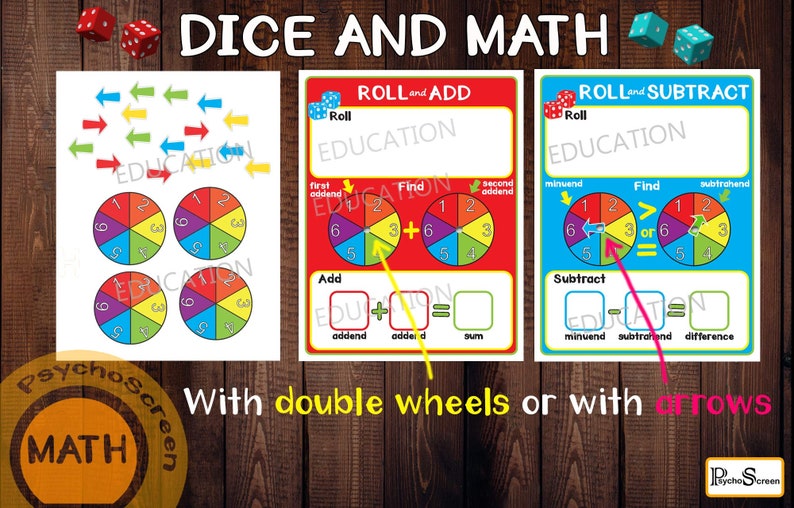 May include: A printable educational game for kids to practice addition and subtraction using dice and colorful spinners. The game includes instructions for rolling dice and finding the corresponding number on the spinners. The game also includes a section for adding and subtracting the numbers.