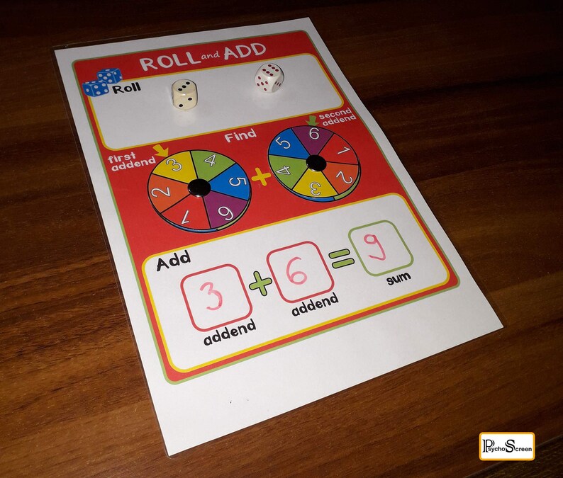 May include: A colorful learning game for kids called "Roll and Add". The game includes two dice and a spinner with numbers 1 through 9. The game teaches kids how to add numbers together.