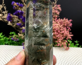 Rare Natural Large Included Garden Green Phantom Quartz Tower /Scenic Quartz Point/lodalite/energy stone/healing crystal/special gift