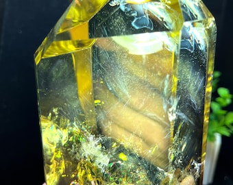 natural Yellow citrine Quartz Crystal Generator"Blue needle"/Natural Stunning Water Clear Quartz Crystal Point/Tower/Meditation Stone