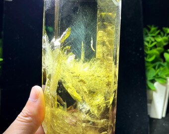 natural Yellow citrine Quartz Crystal Generator"Blue needle"/Natural Stunning Water Clear Quartz Crystal Point/Tower/Meditation Stone