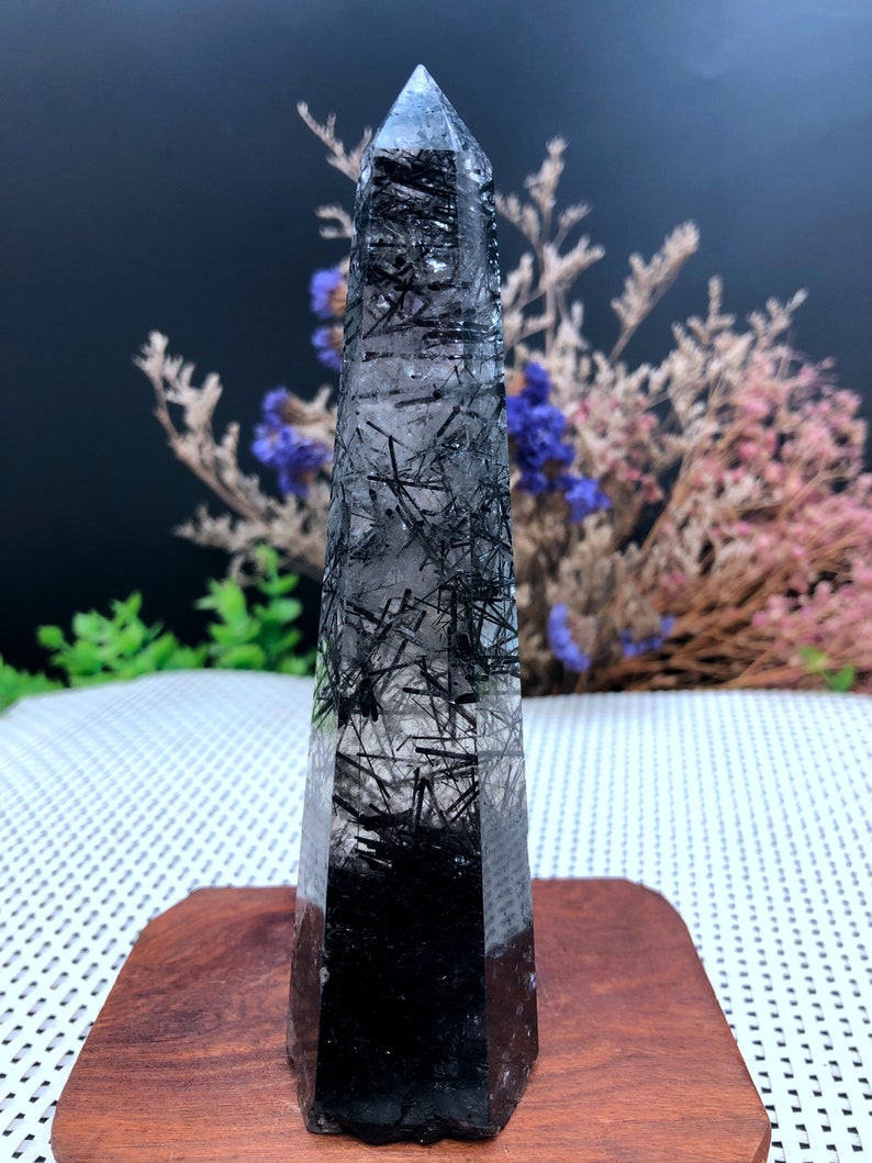 Rare Natural black Tourmaline Rutilated Quartz Towerblack Tourmaline Included Crystal PointCrystal SpecimenCrystal energyHealing crystal