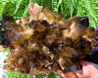 Large Raw Smoke crystal + yellow Crystal Cluster/Black Quartz Cluster/Quartz Cluster/Black Abundance Crystal /Reiki/Meditation/self stand