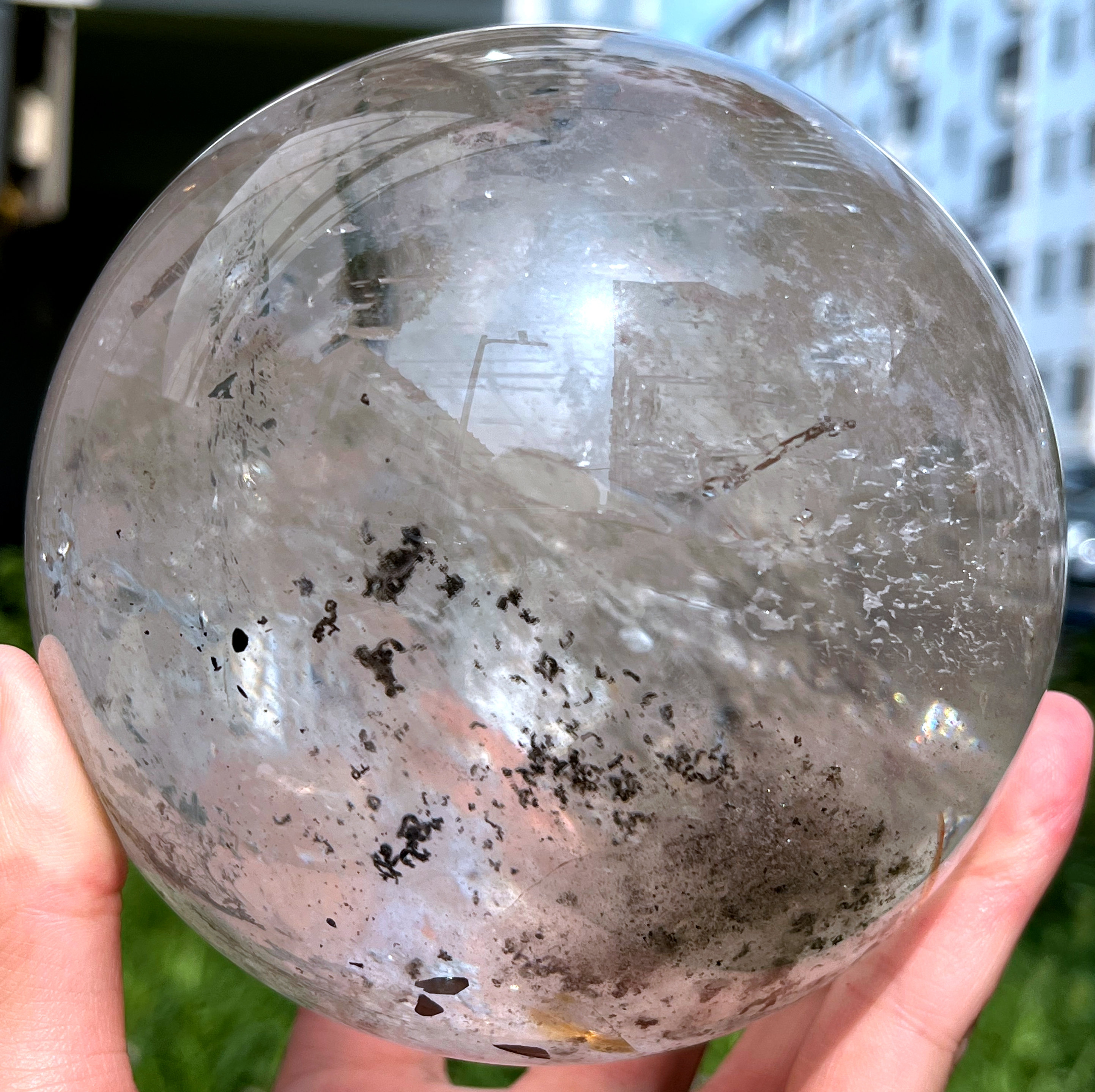 Natural Clear Rainbow White Crystal + Garden Green Phantom Quartz Sphere/Rainbow Ball/Meditation/Fengshui/Zen/Energy/Healing