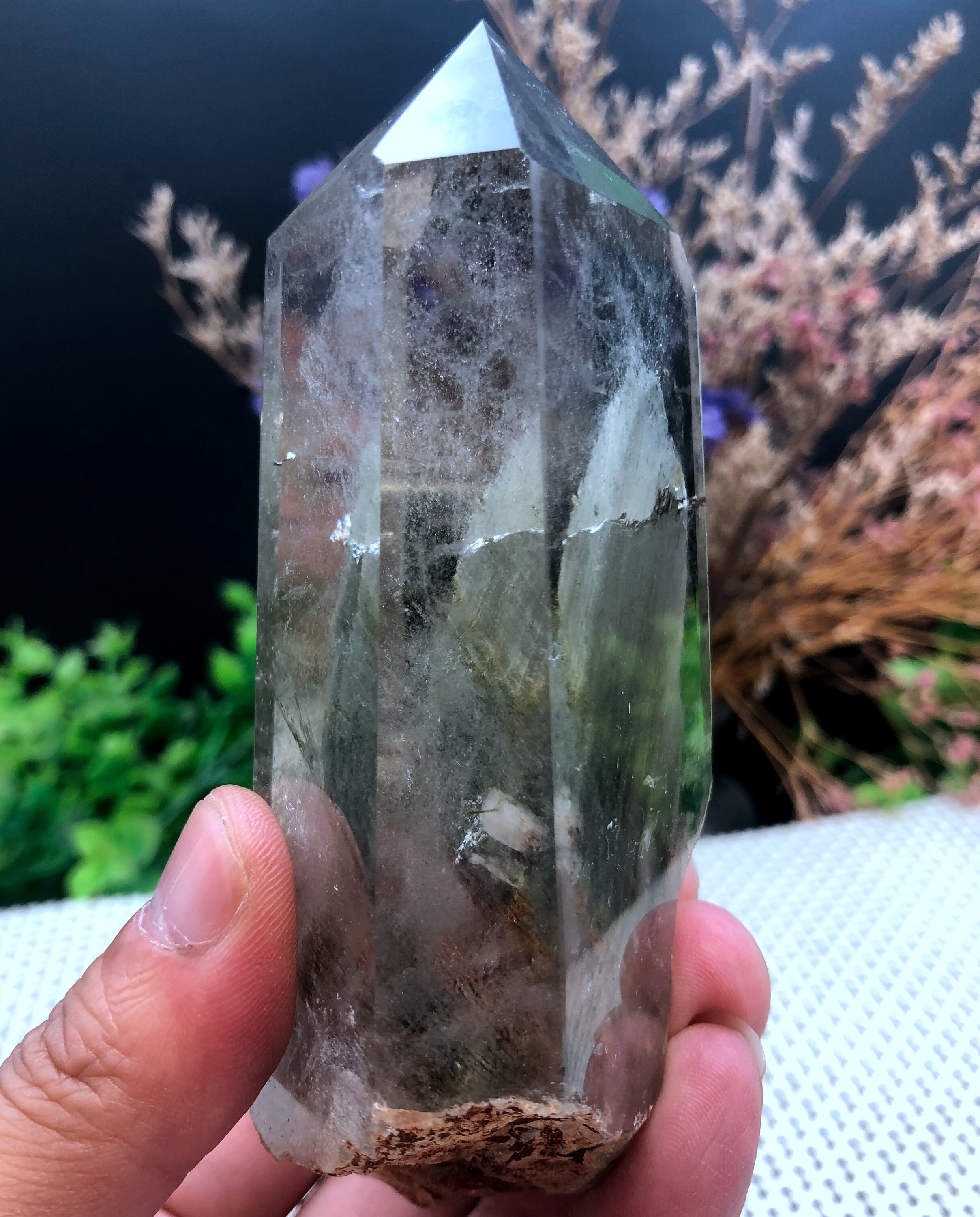 Rare Natural Included Garden Green Phantom Quartz Pyramid Shape