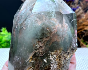 Rare Natural Large Included Garden Green + brown Phantom Quartz Tower/Scenic Quartz Point/lodalite/energy stone/healing crystal/special gift
