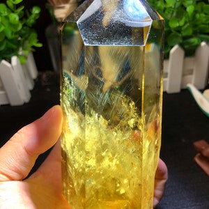 Natural transparent headed Yellow citrine crystal quartz &quot;Blue needle&quot; point/citrine tower/special gift/healing crystal/energy stone