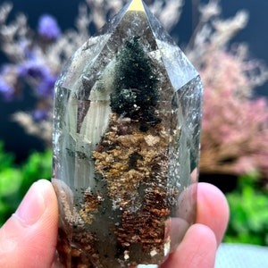 May include: A clear quartz crystal point with inclusions of green, brown, and white minerals. The crystal is approximately 5 cm tall and has a pointed tip.