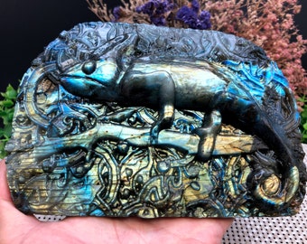 手彫りの光沢のあるラブラドライトクリスタルクォーツトカゲ/光沢の