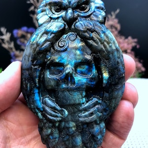 Hand carved Sheen Labradorite Crystal Quartz Owl+Skull/Shiny Polished Labradorite/Chakra Reiki/Home Decor/collectibles/Healing Stone/Chakra