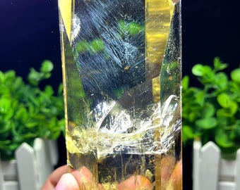 natural Yellow citrine Quartz Crystal Generator"Blue needle"/Natural Stunning Water Clear Quartz Crystal Point/Tower/Meditation Stone