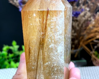 希少な大粒透明ゴールデンルチルクォーツポイント/クリスタルタワー