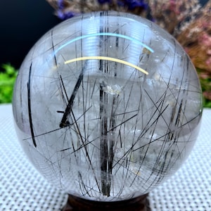 Natural Rare Transparent black Tourmaline Rutilated Crystal Quartz Ball /Smoky Crystal Sphere Crystal/Crystal Specimen/Crystal Energy
