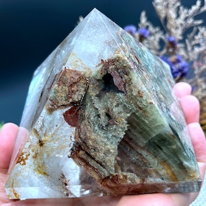 Rare Natural Large Included Garden Green+brown Phantom Quartz pyramid/Scenic Quartz Point/lodalite/energy stone/healing crystal/special gift