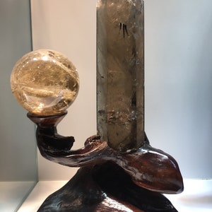 Hand Carved Round Hollowed-out Burlywood Sphere/Ball/point/Quartz Cluster/Specimen Stand/Handmade Hollowing wood stand