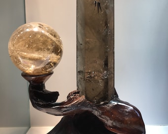 Hand Carved Round Hollowed-out Burlywood Sphere/Ball/point/Quartz Cluster/Specimen Stand/Handmade Hollowing wood stand