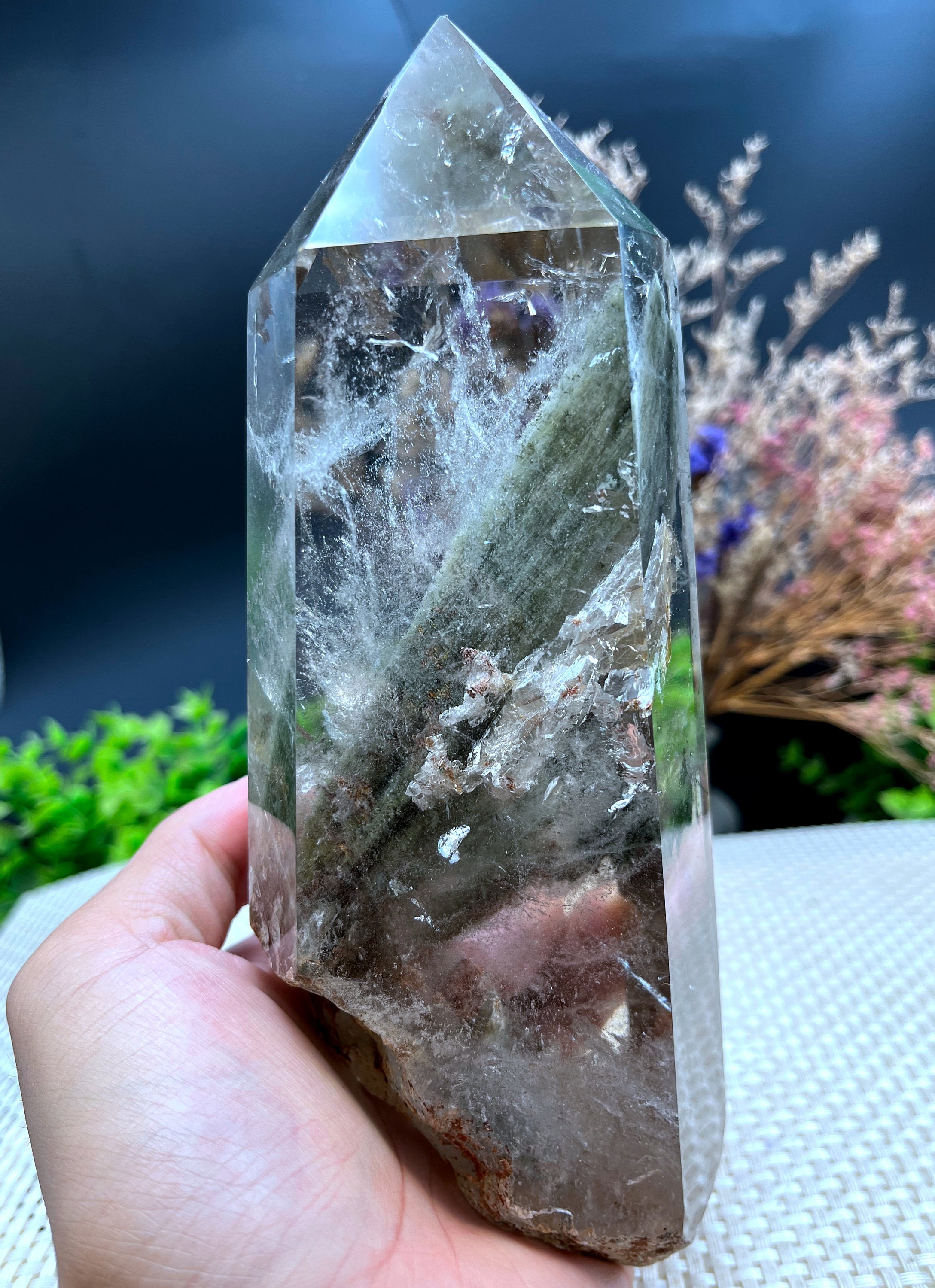 Rare Natural Large Included Garden Green Phantom Quartz Tower /Scenic Point/Lodalite/Energy Stone/Healing Crystal/Special Gift