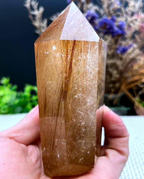希少な大粒透明ゴールデンルチルクォーツポイント/クリスタルタワー