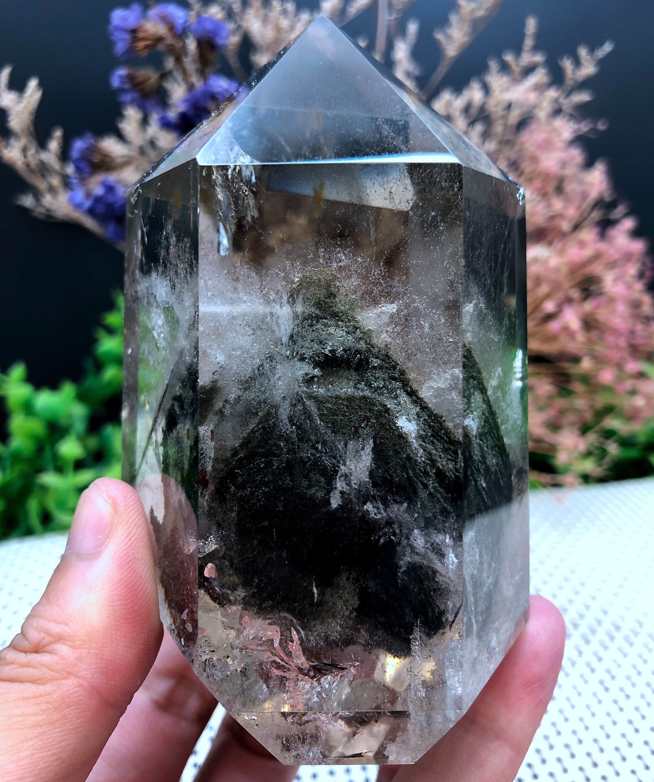 Rare Natural Included Garden Green Phantom Quartz Pyramid Shape Tower/Scenic Point/Lodalite/Energy Stone/Healing Crystal/Special Gift