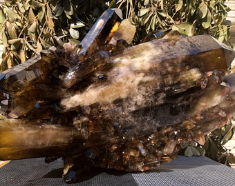 Large Raw Smoke crystal + yellow Crystal Cluster/Black Quartz Cluster/Quartz Cluster/Black Abundance Crystal /Reiki/Meditation/self stand