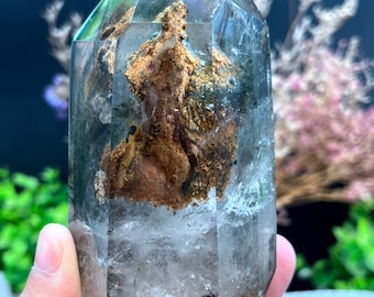 Rare Natural Large Included Garden Green + brown Phantom Quartz Tower/Scenic Quartz Point/lodalite/energy stone/healing crystal/special gift