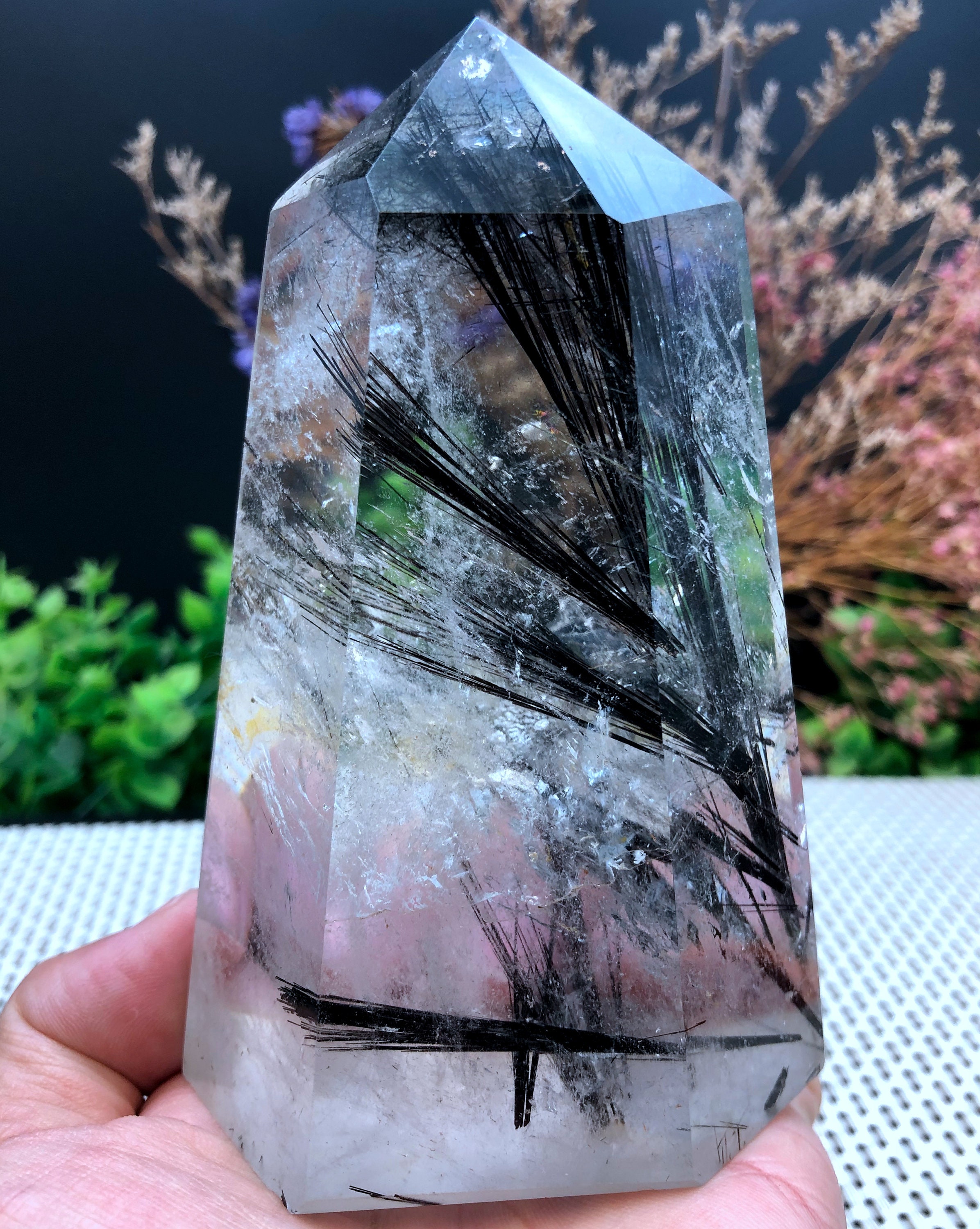 Rare Natural Black Tourmaline Rutilated Quartz Tower/Black Included Crystal Point/Crystal Specimen/Crystal Energy/Healing Crystal