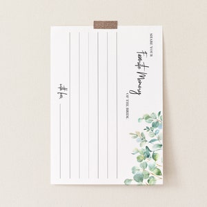 May include: White card with a green eucalyptus illustration and the text "Share Your Favorite Memory of the Bride".