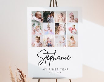 Pode incluir: Um quadro branco com uma colagem de fotos de uma menina bebê. O quadro tem o texto "Stephanie" em uma fonte cursiva preta e o texto "My First Year 07.13.20XX" em uma fonte sem serifa preta.