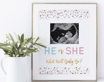 He or She Gender reveal Sign - He or She Ultrasound Sign - 8X10 JPG