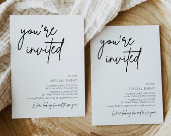 May include: Two white cards with black calligraphy that says "you're invited" on each card. The cards are on a wooden surface with a white cloth draped over the top. The text on the cards reads "To our Special Event Sunday, June 13th, 20XX at six o'clock in the evening Florence Lake Estate 123 West Street, Vancouver, BC Kindly RSVP to Jennifer at rsvp@email.com We're looking forward to see you!"
