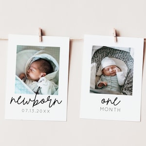 First Birthday Monthly Photo Banner Template, 1st Birthday Photo Banner, Modern Minimalist Monthly Milestone Photo Cards, MOD01