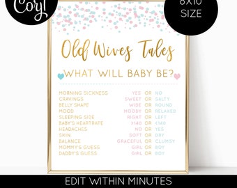 Old Wives Tales Sign, Gender Reveal Decorations, Gender Reveal Printable Party Sign - EDITABLE - 8X10