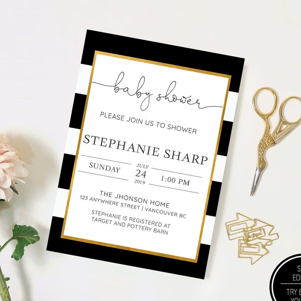 BLACK and White BABY SHOWER Invitation, Baby Shower Invitation Set, Stripe Baby Shower Invitation, Editable, Instant Download