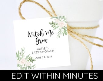 Cream Floral Watch Me Grow FAVOR TAG , Watch Me Grow Favor Tag, Plant Favor Tag, Succulent Favor Tag - 2x2 - Editable