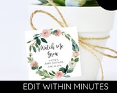 BLUSH Wreath Watch Me Grow FAVOR TAG , Watch Me Grow Favor Tag, Plant Favor Tag, Succulent Favor Tag - 2x2 - Editable
