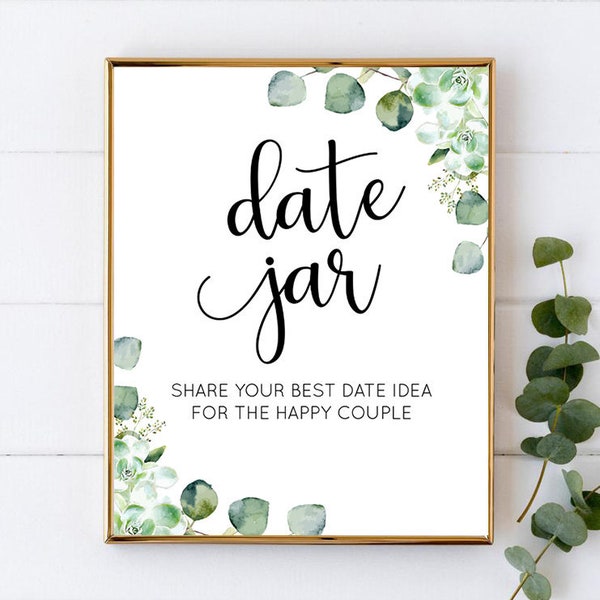 Date Jar Sign, Date Night Sign, Eucalyptus, Bridal Shower Game, Date Night Ideas, Wedding Shower, Date Night Cards - 8X10 and 4x6