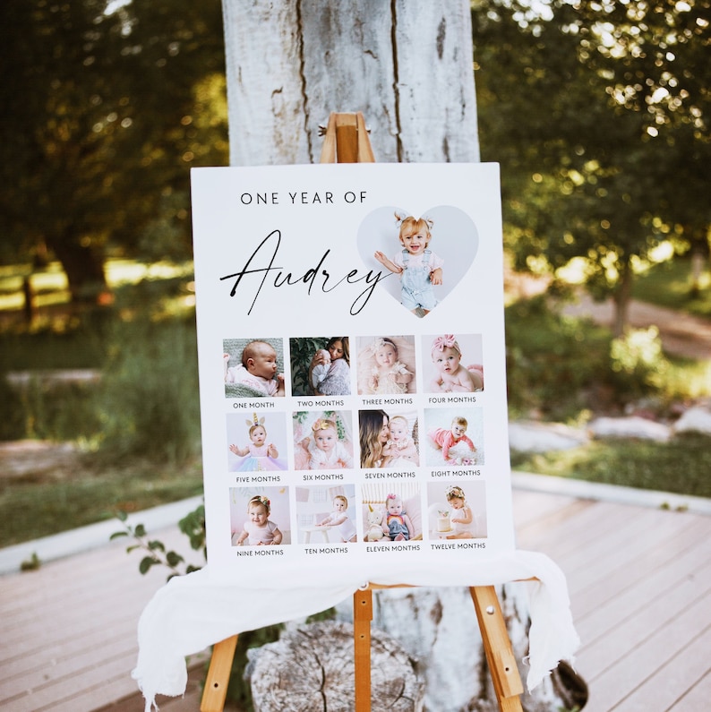 Puede incluir: Un tablero blanco con las palabras "ONE YEAR OF Audrey" en la parte superior. El tablero est&aacute; dividido en 12 cuadrados, cada uno con una foto de una ni&ntilde;a peque&ntilde;a a una edad diferente. Las fotos est&aacute;n dispuestas en una cuadr&iacute;cula, con la edad de la ni&ntilde;a en meses escrita debajo de cada foto.