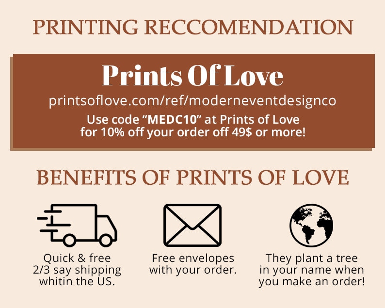 Puede incluir: Un rect&aacute;ngulo marr&oacute;n con texto blanco que dice "Prints Of Love" y una direcci&oacute;n de sitio web. Debajo del rect&aacute;ngulo, un fondo blanco con tres iconos: un cami&oacute;n de reparto, un sobre y un globo terr&aacute;queo. El texto debajo de los iconos describe los beneficios de usar Prints Of Love, incluyendo el env&iacute;o r&aacute;pido y gratuito, los sobres gratuitos y la plantaci&oacute;n de &aacute;rboles.