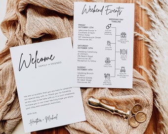 Puede incluir: Un cartel de bienvenida blanco con caligrafía negra que dice "Welcome Family + Friends". El cartel también incluye un mensaje sobre la celebración de un día especial y agradece a los invitados por viajar. El cartel está sobre una mesa de madera con una tela beige y sellos de cera dorados.