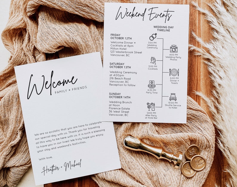 May include: A white welcome sign with black calligraphy that reads "Welcome Family + Friends". The sign also includes a message about celebrating a special day and thanking guests for traveling. The sign is on a wooden table with a tan fabric overlay and gold wax seals.
