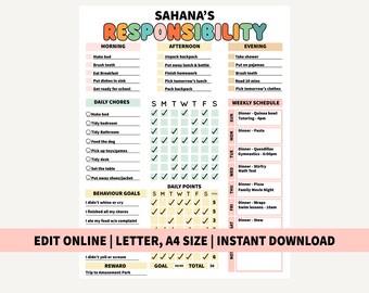 Kids chore chart, Editable Kids chore chart, Printable chore chart for kids, Responsibility chart, Kids daily checklist, Reward chart