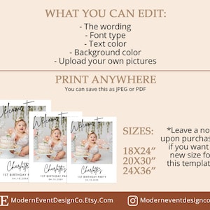 May include: Three printable welcome to birthday party signs with a photo of a baby girl in a white dress. The signs are white with black text and a floral background. The text on the signs reads "Welcome to Charlotte's 1st Birthday Party". The signs are available in three sizes: 18x24 inches, 20x30 inches, and 24x36 inches.