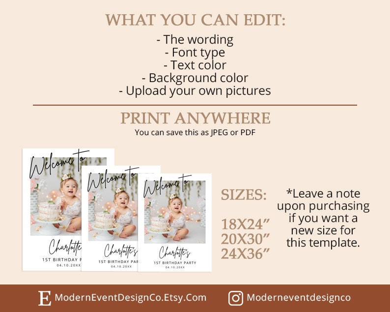 May include: Three printable welcome to birthday party signs with a photo of a baby girl in a white dress. The signs are white with black text and a floral background. The text on the signs reads "Welcome to Charlotte's 1st Birthday Party". The signs are available in three sizes: 18x24 inches, 20x30 inches, and 24x36 inches.